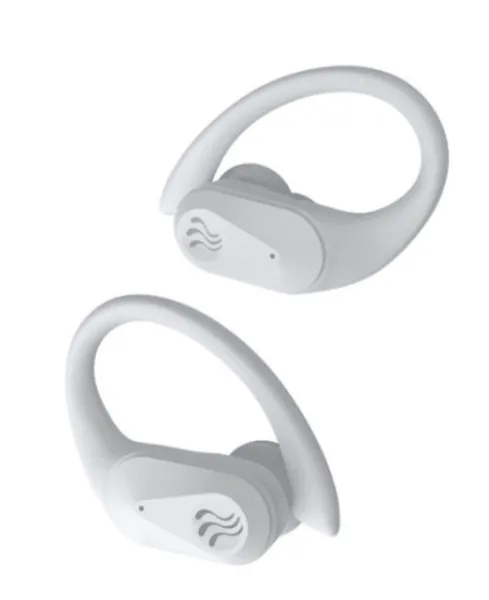 A pair of white wireless earbuds with ear hooks on a plain white background.