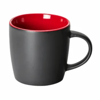 A Brighton Matte Promotional Mug in black with red interior and handle on a white background.