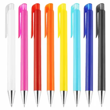 Eight Saturn Event Branded Pens in various colors lined up side by side on white background.