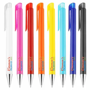 Eight Saturn Event Branded Pens with white, pink, red, orange, yellow, blue & black barrels.