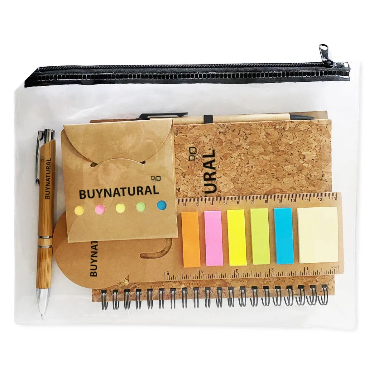 Clear pouch with pen, notepad, sticky notes, ruler, and cork-covered stationery items inside.