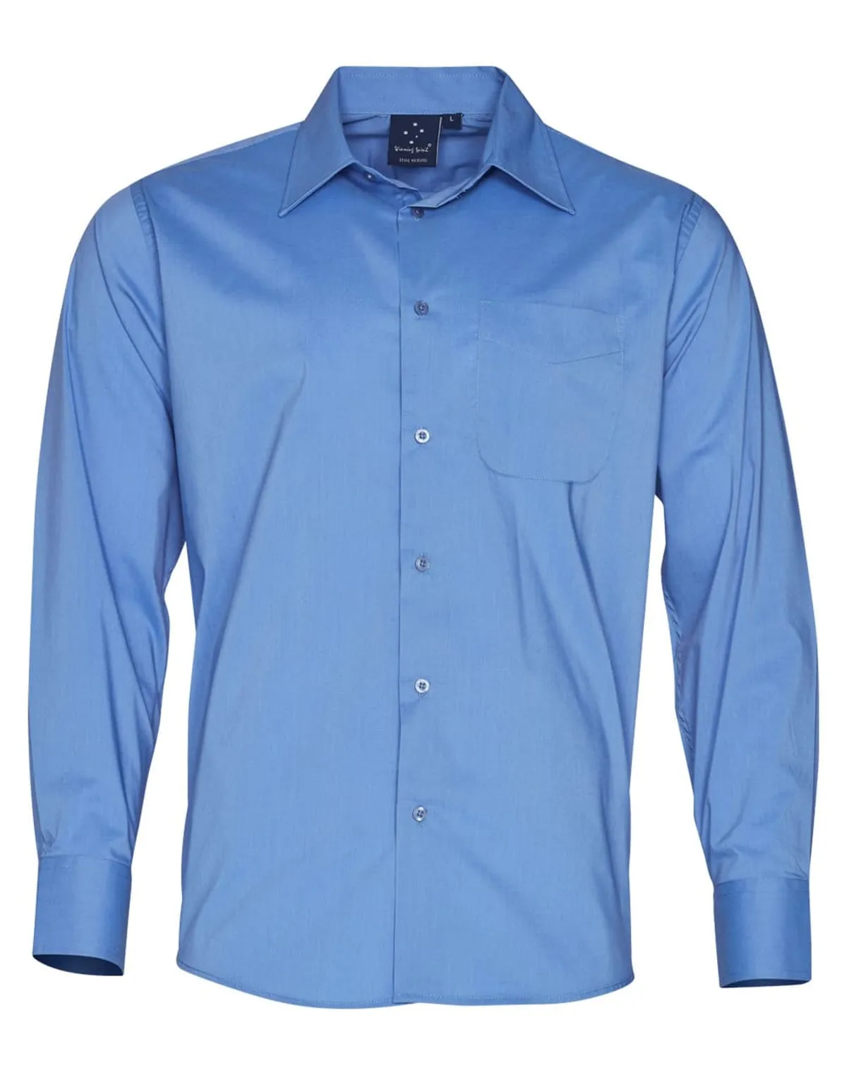 Mens long sleeve branded business shirt in mid blue