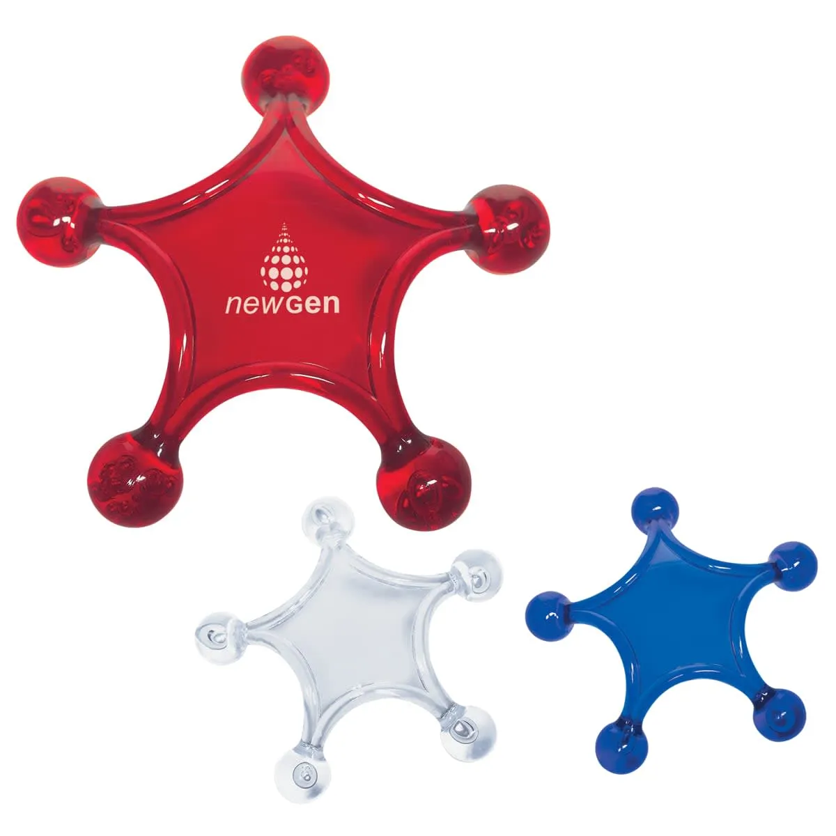 Three star-shaped massagers in different sizes and colors: red, clear, and blue. The red massager has the logo newgen printed in white. Each has a rounded knob at each point.
