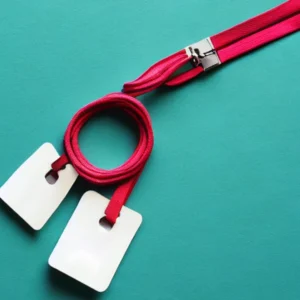 dark pink lanyards with two white cards