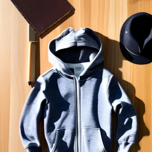 gray hoodie with cap and notebook