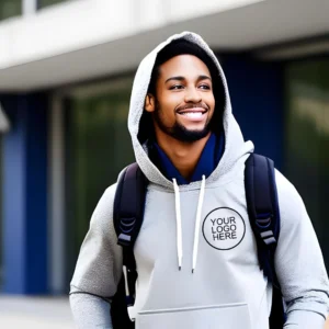 man wearing a greay hoodie and backpack