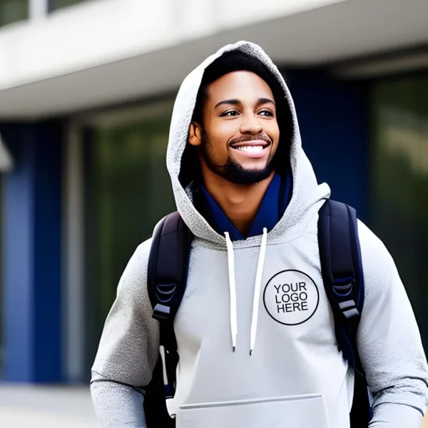 man wearing a grey hoodie and backpack