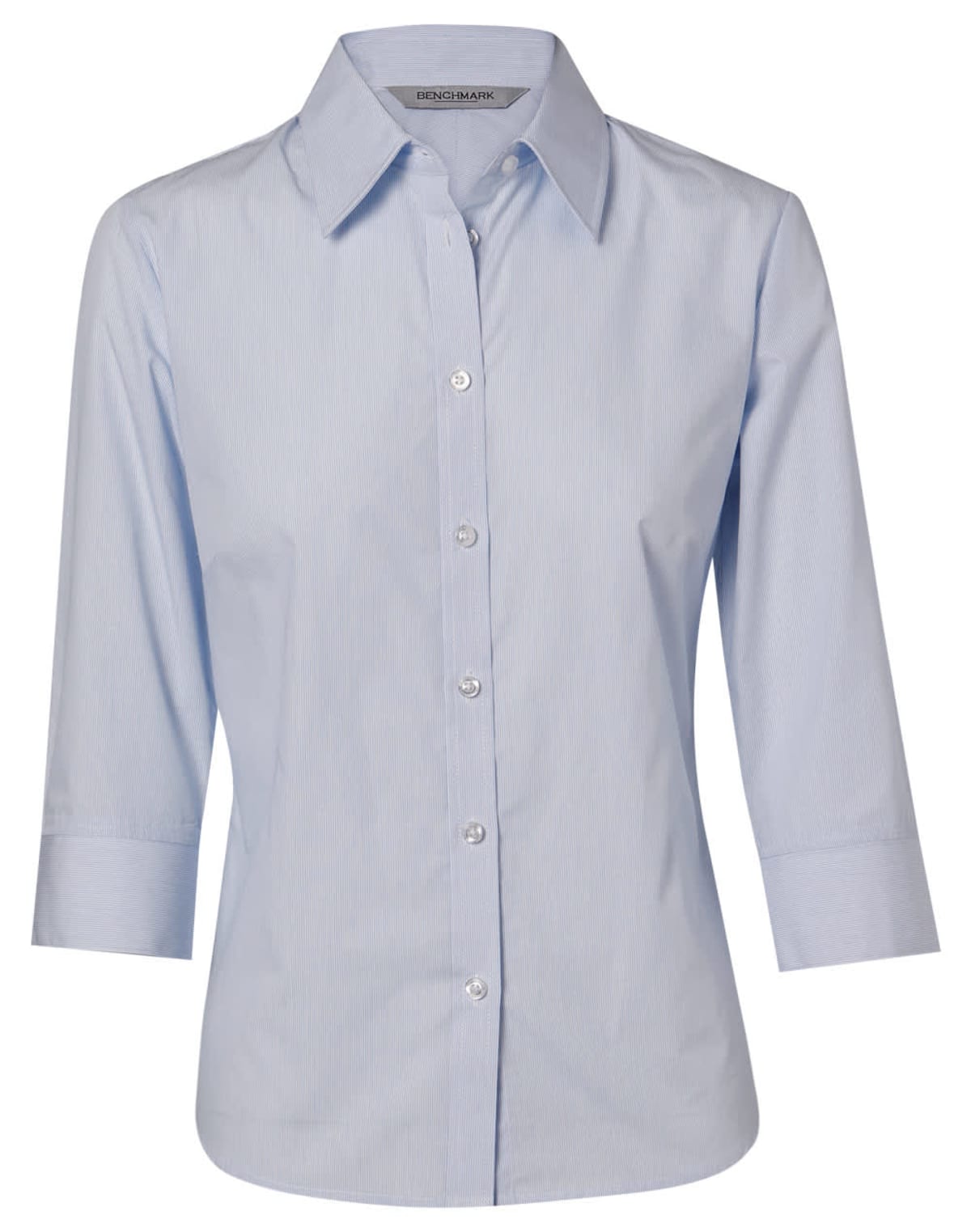 Womens fine strip quarter sleeve shirt in pale blue