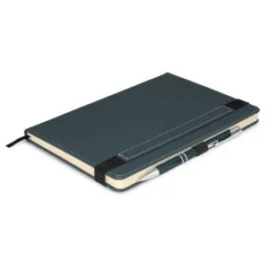 Closed dark green promotional diary with pen secured by an elastic band.