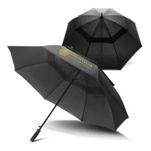 Custom umbrellas: two black ones, open and closed, with monica boutique hotel and spa logo.