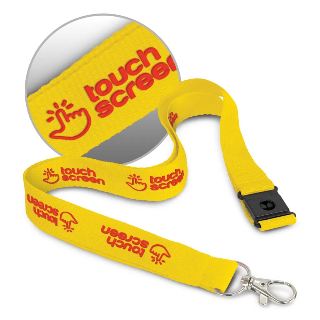 Yellow lanyard with touch screen text and hand icon in redβperfect as a promotional item.