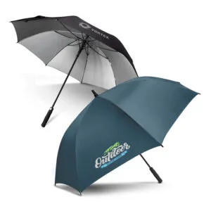 Two promotional umbrellas: one black with Vortex logo, one blue with Outdoor logo.