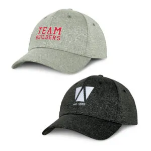 Two custom caps: one gray with TEAM BUILDERS, one black with a logo and est. 1869.
