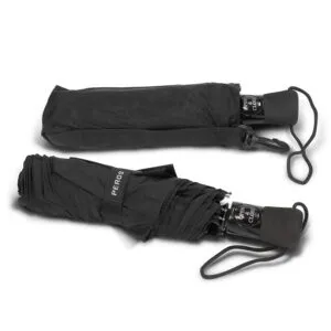 Custom rain umbrellas: two folded black designs with wrist straps on a gray backdrop.