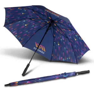 Custom blue umbrella with vibrant pattern; folded version displayed beneath.