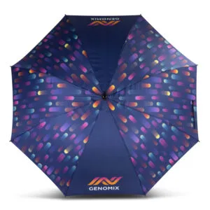 Stand out with a colorful, geometric-patterned umbrella featuring Genomix.