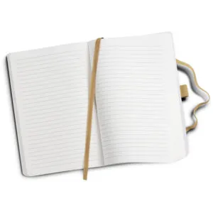 Open lined notebook with beige bookmark, perfect for Aussie professionals staying organised.