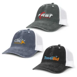 Branded trucker caps with logos and white mesh backs boost business visibility.