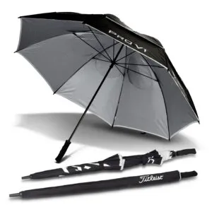 Black and gray promotional umbrella, open and closed, with Pro V1 and Titleist logos.