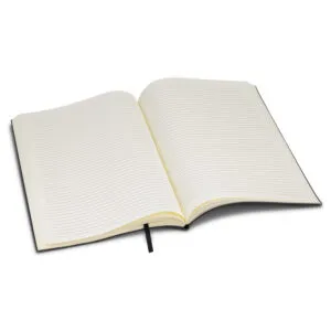A promotional diary: an open black notebook with lined pages and a ribbon bookmark.
