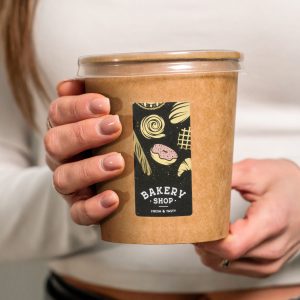 Custom stickers on a brown cup