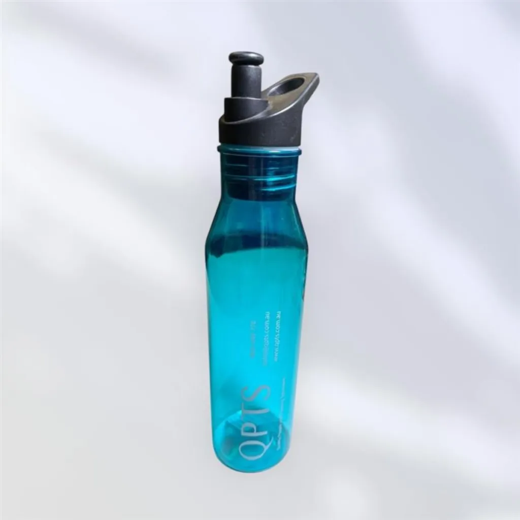 This promotional bottle is a tall, translucent blue with a dark gray flip-top lid and spout. The stylish design features QPTS printed vertically in white on its side.