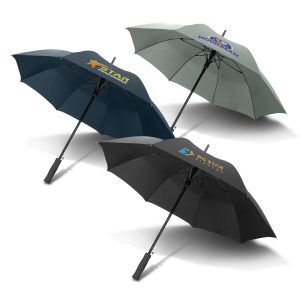 Three black promotional umbrellas, each showcasing unique colored branding.