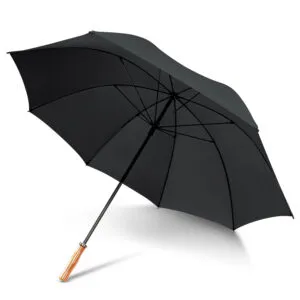 Custom black umbrella with a wooden handle, open against a pristine white backdrop.