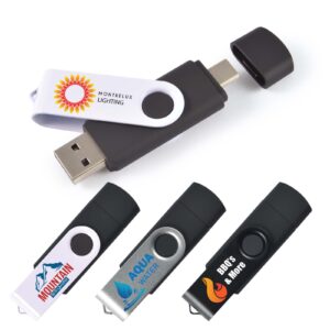 Four promotional USB drives feature unique designs: Montrelux Lighting with a sun logo, Mountain with a mountain graphic, Aqua Water with a water drop, and BBQs & More with a flame icon. Perfect for brand awareness, these drives make your business instantly recognizable.