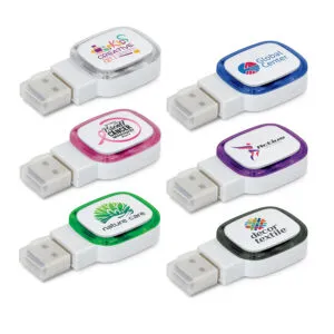 Five promotional USB drives with retractable cords, each featuring a unique logo and color. The colors include white with multicolored designs, blue, pink, green, and purple. Logos are tied to various organizations or themes, showcasing the benefits of branding through tech accessories.