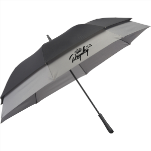 Black and gray custom umbrella with a Rainplay logo on its canopy.
