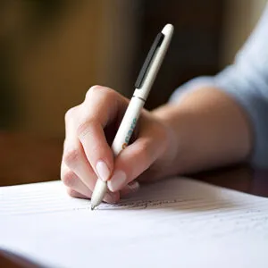 A hand smoothly glides a pen over lined paper, creating notes with precision, perfect for organizing thoughts on conference products for promotions.