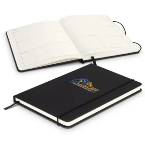 Mastering work efficiency with black notebooks featuring calendar pages and a house logo.