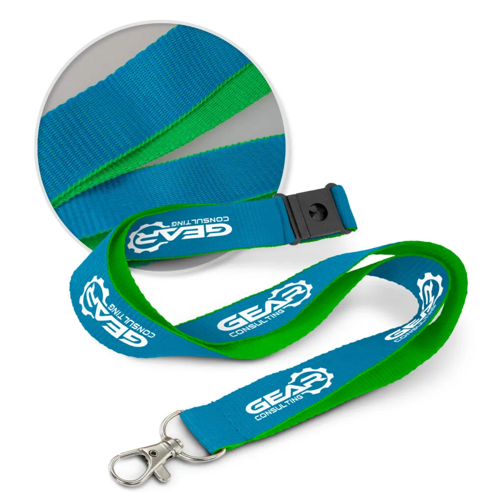 Blue and green lanyard with a swivel clip and Gear Consulting logo, leading lanyards in 2025.