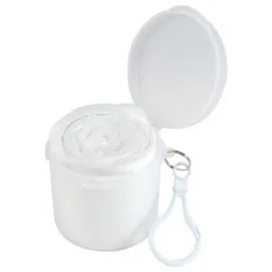 A white cylindrical container with a poncho