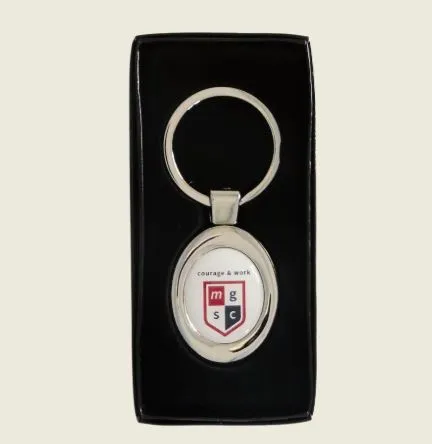 Branded metal keyrings with logo.
