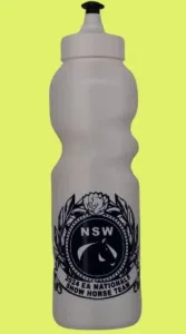 Gray water bottle with NSW 2022 EA National Show Horse Team logo on a yellow background.