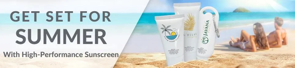 Promotional Sunscreen tubes on beach.