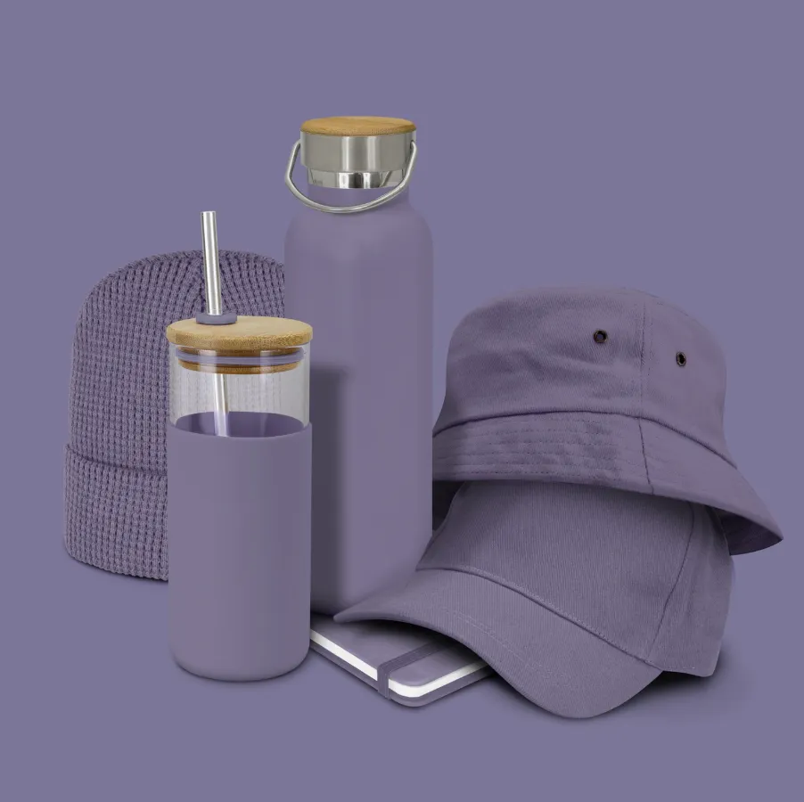 Promotional purple items | Cap, hat, Tumblr, Notebook