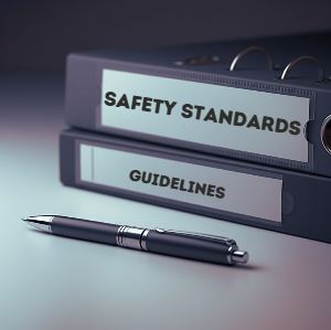 Binders labeled Safety Standards with a focus on product safety and a pen beside them.