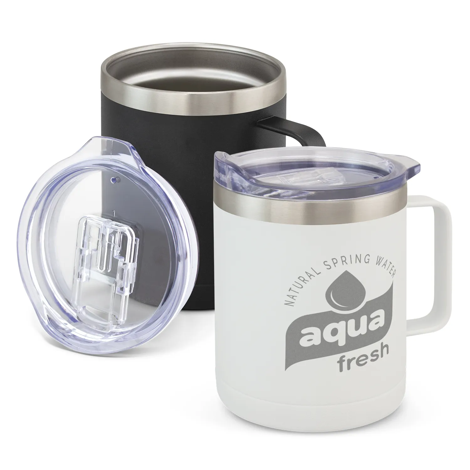 Two promotional insulated, eco-friendly mugs with lids - Company Logo Printed
