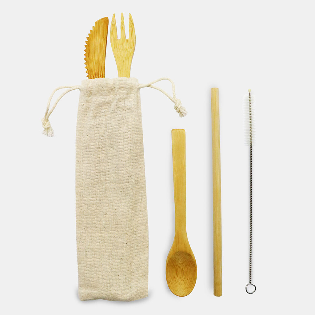 Custom wooden cutlery set with pouch, spoon, and straw
