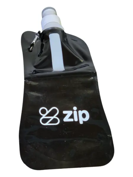 A black reusable water pouch