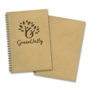 Two branded brown spiral notebooks, one featuring Green Unity and a tree logo.