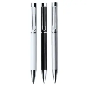 Three promotional metal pens in white, black, silver colors