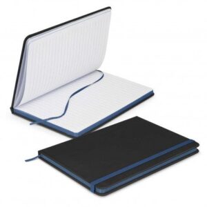 Two promotional notebooks, one open and one closed, with blue ribbon bookmarks.