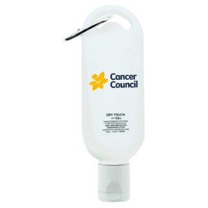 White Cancer Council promotional sunscreen with yellow flower, attached to a handy clip.