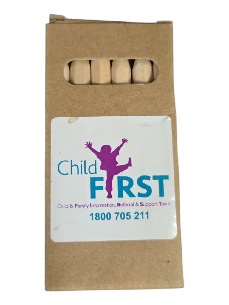 A box of colored pencils labeled Child FIRST with a fundraising contact number.