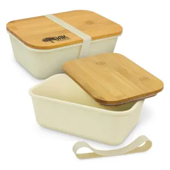 Two cream-colored lunch boxes with wooden lids and a removable elastic strap.