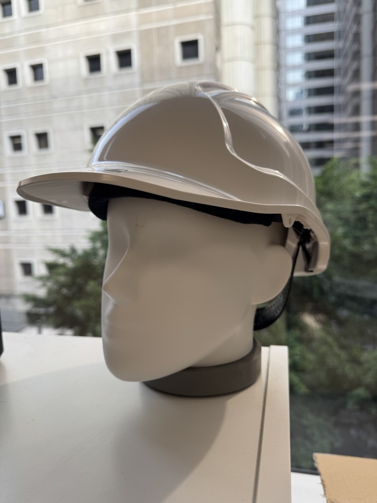 B A custom hard hat on a mannequin head by a window, with buildings in the background.